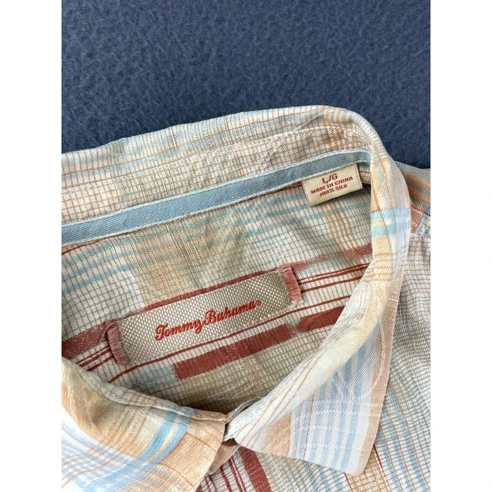 Tommy Bahama Button Up Shirt Men's L Silk Orange‎ Plaid Camp Lightweight Beach